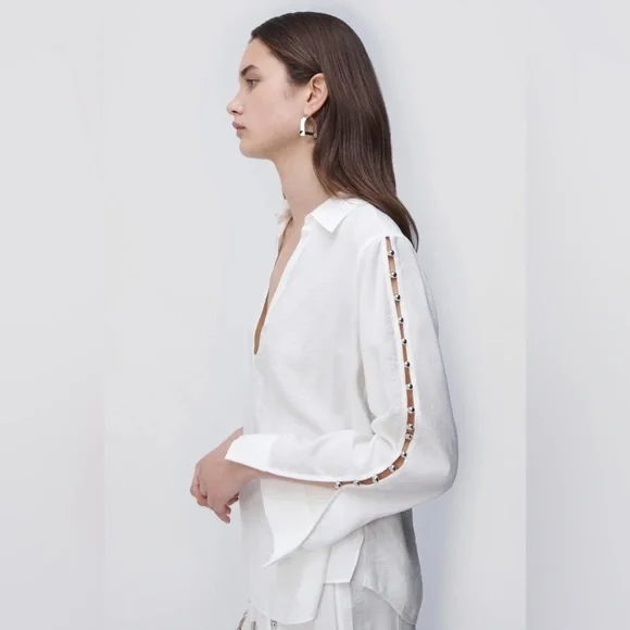 Jonathan Simkhai Stormy Beaded Ivory V-Neck Collar Long Sleeve Coverup Top NWT M - Picture 2 of 12